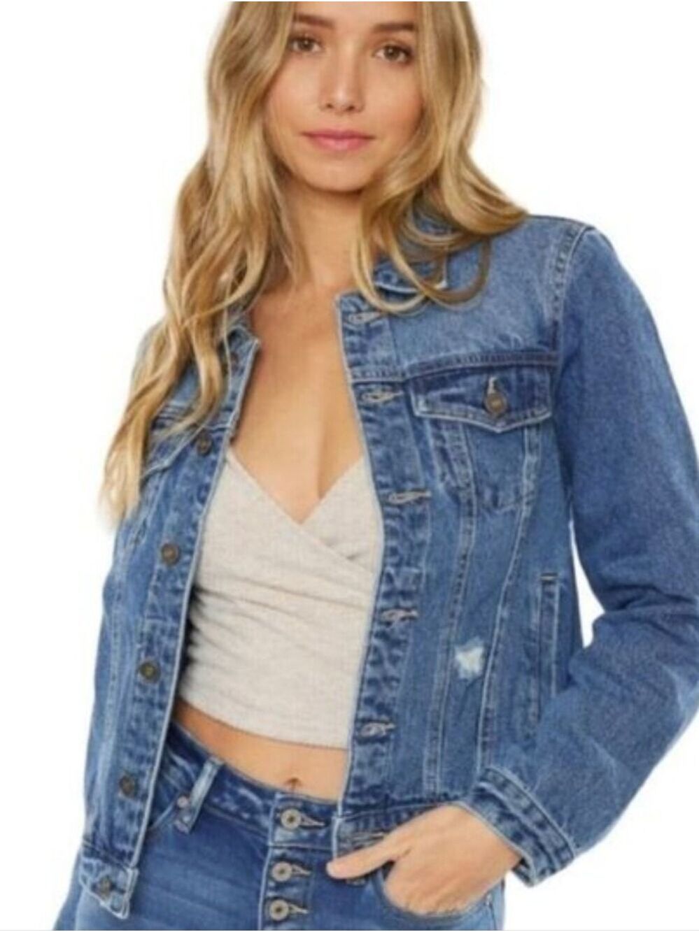 KANCAN DISTRESSED STRUCTURED DENIM JEAN JACKET NWOT SIZE MEDIUM / LARGE